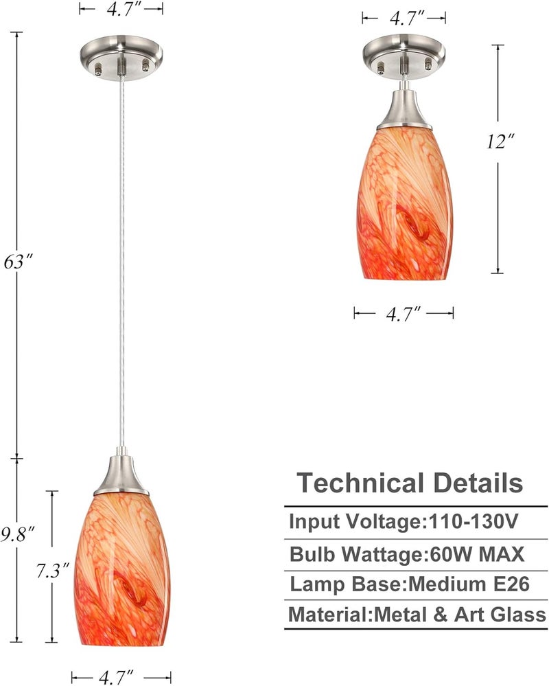karyfine Art Glass Mini Pendant Lights Kitchen Island Marble Glass Pendant Light Shade with Brushed Nickel Finish Ceiling Hanging Lights for Kitchen Over Sink,Dining/Living Room Red Marble-1Pack - Image 3